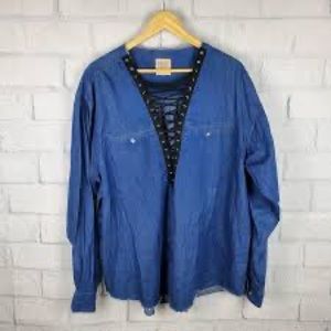 Womens lace up casual blue denim rare pullover shirt, size L